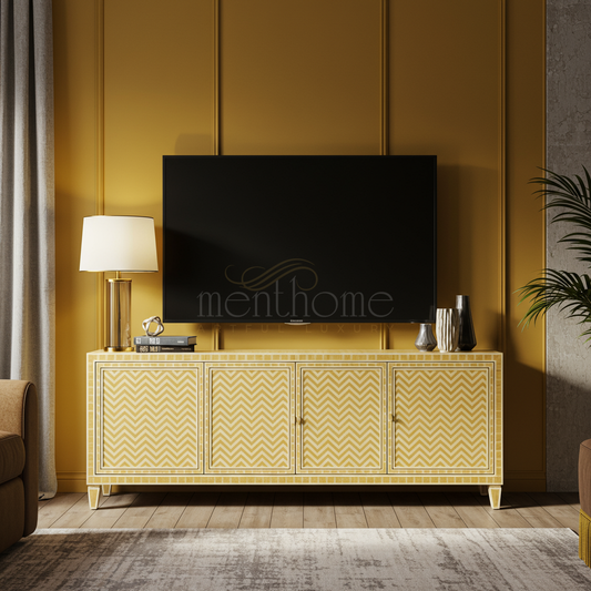 Luxury Inlay Chevron Pattern TV Cabinet | Luxury Handmade TV Cabinet