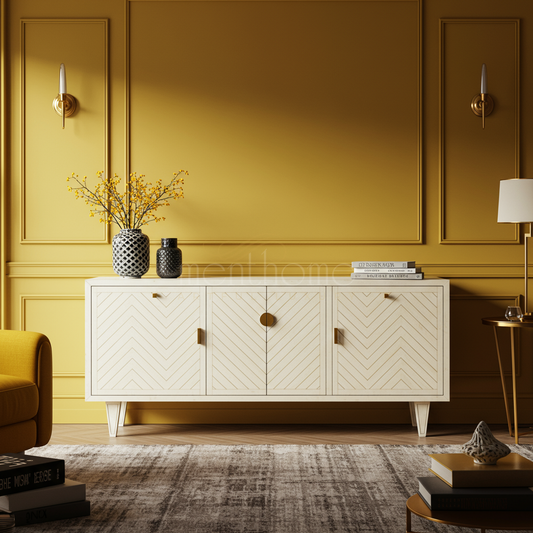 Luxury Inlay Pattern TV Cabinet in Cream White | Luxury Handmade TV Cabinet