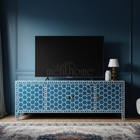 Luxury Blue Inlay TV Cabinet with Geometric Pattern | Luxury Handmade TV Cabinet