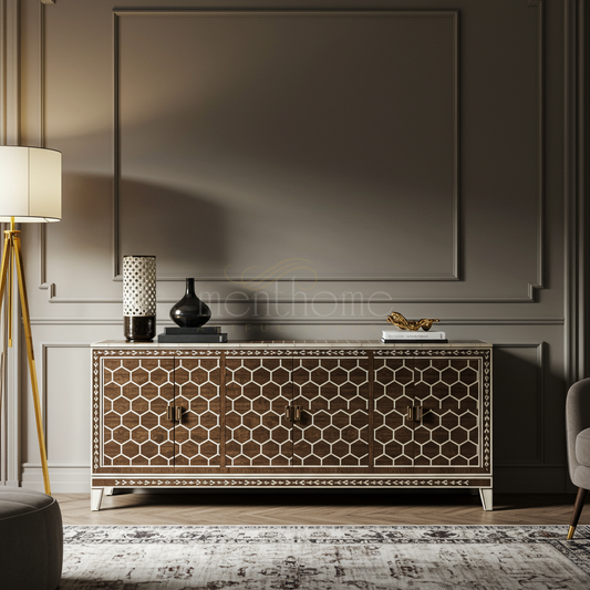 Luxury Inlay Geometric Pattern TV Cabinet | Luxury Handmade TV Cabinet