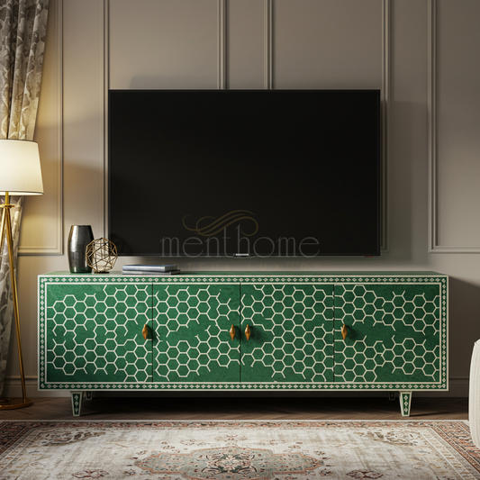 Luxury Green Inlay TV Cabinet with Geometric Pattern | Luxury Handmade TV Cabinet