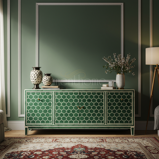 Luxury Inlay Green Hexagonal Pattern TV Cabinet | Luxury Handmade TV Cabinet