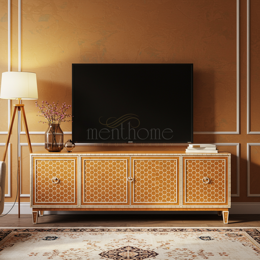 Luxury Inlay TV Cabinet with Hexagonal Pattern | Luxury Handmade TV Cabinet