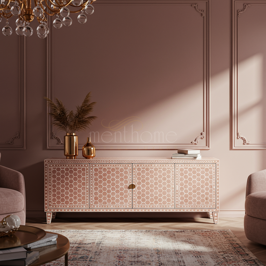 Luxury Inlay TV Cabinet with Geometric Pattern | Luxury Handmade TV Cabinet