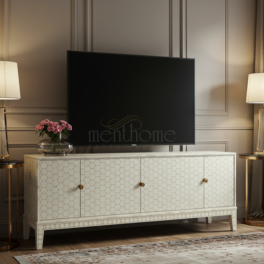 Elegant Hexagonal Inlay TV Cabinet | Luxury Handmade TV Cabinet