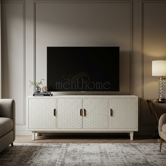 Luxury Inlay TV Cabinet with Hexagonal Pattern | Luxury Handmade TV Cabinet