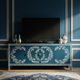Handcrafted Inlay TV Cabinet in Deep Blue with Floral Motifs | Luxury Handmade TV Cabinet