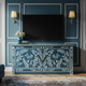 Luxury Inlay Blue TV Cabinet with Floral Patterns | Luxury Handmade TV Cabinet