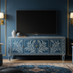 Elegant Blue Inlay TV Cabinet with Botanical Motif | Luxury Handmade TV Cabinet