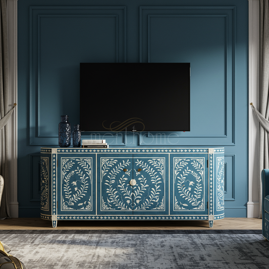Elegant Blue Inlay TV Cabinet with Floral Motif | Luxury Handmade TV Cabinet