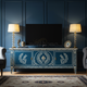 Elegant Inlay Blue TV Cabinet with Botanical Motifs | Luxury Handmade TV Cabinet