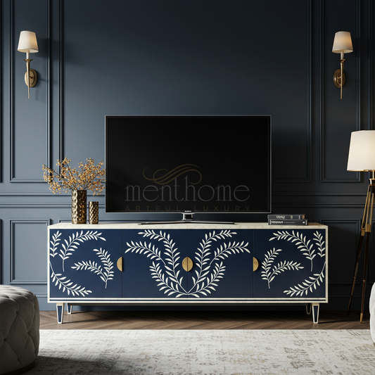 Elegant Inlay Blue TV Cabinet with Botanical Motif | Luxury Handmade TV Cabinet