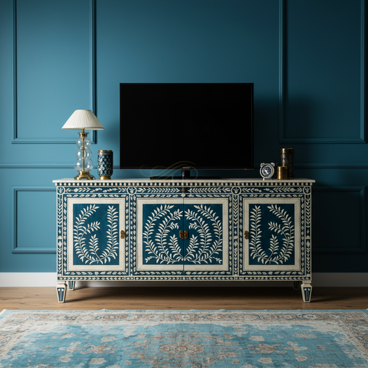 Luxury Inlay TV Cabinet with Intricate Leaf Motif | Luxury Handmade TV Cabinet