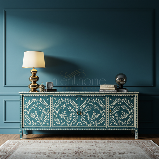 Handcrafted Inlay Blue TV Cabinet with Floral Motif | Luxury Handmade TV Cabinet