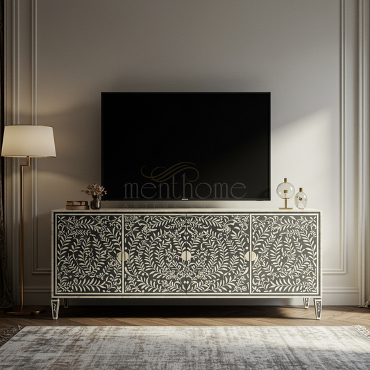 Luxury Inlay TV Cabinet with Intricate Floral Design | Luxury Handmade TV Cabinet