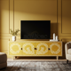 Yellow Inlay TV Cabinet with Floral Motif | Luxury Handmade TV Cabinet