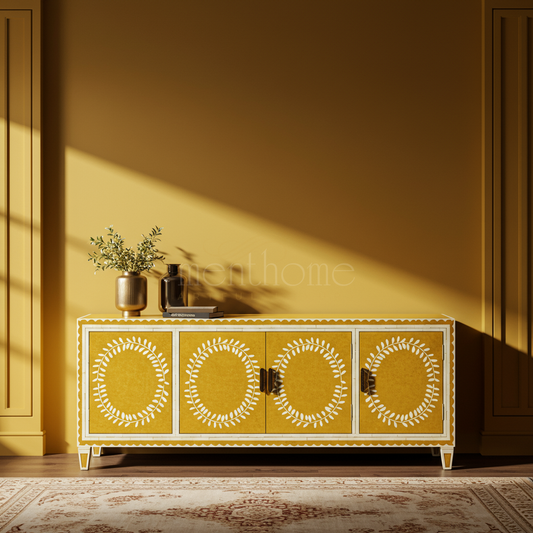 Mustard Yellow Inlay TV Cabinet with White Leaf Motif | Luxury Handmade TV Cabinet