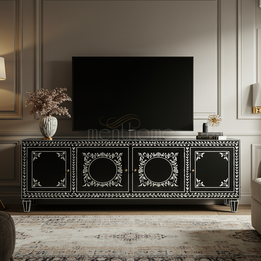 Elegant Black Inlay TV Cabinet with Floral Motif | Luxury Handmade TV Cabinet