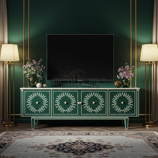 Elegant Inlay TV Cabinet with Intricate Leaf Motif | Luxury Handmade TV Cabinet