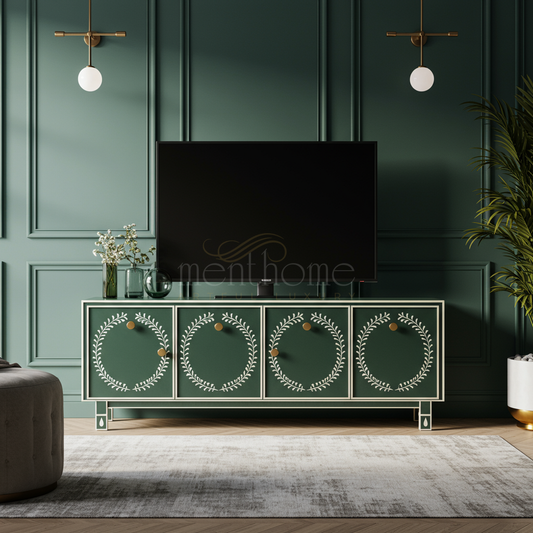 Elegant Green Inlay TV Cabinet with Hand-Painted Details | Luxury Handmade TV Cabinet