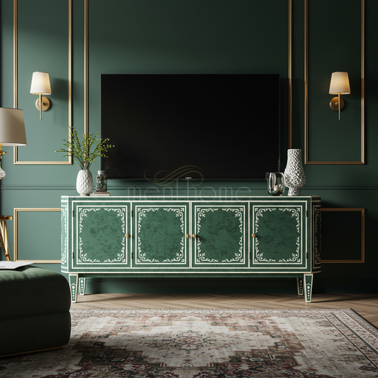Elegant Inlay Green TV Cabinet with Classic Detailing | Luxury Handmade TV Cabinet