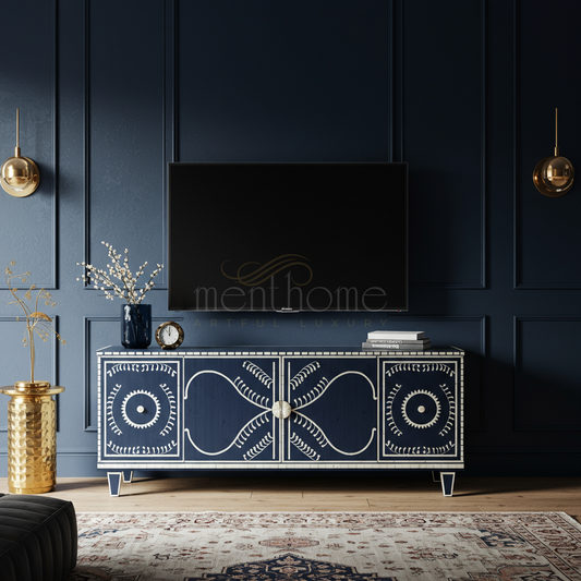 Navy Blue Inlay TV Cabinet with Artistic White Pattern | Luxury Handmade TV Cabinet