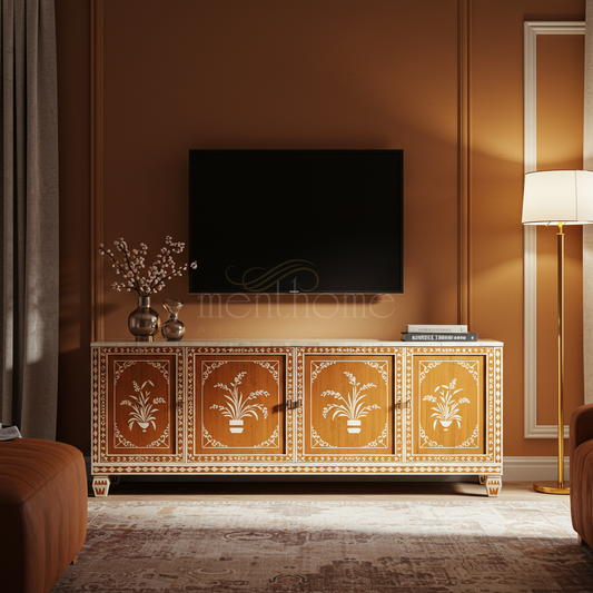Luxury Inlay Wooden TV Cabinet with Floral Motif | Luxury Handmade TV Cabinet