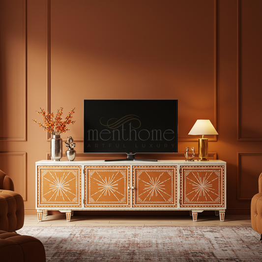 Handcrafted Inlay TV Cabinet with Geometric Starburst Design | Luxury Handmade TV Cabinet