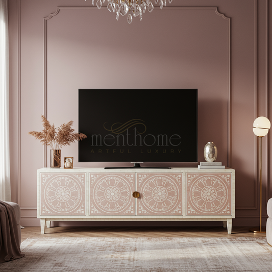 Inlay Floral Carved TV Cabinet | Luxury Handmade TV Cabinet