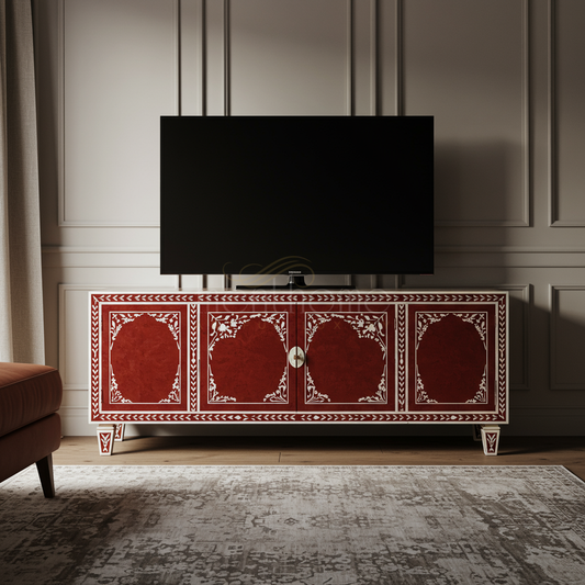 Elegant Inlay Red and White TV Cabinet | Luxury Handmade TV Cabinet