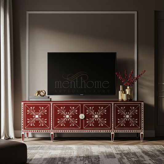 Luxury Red Inlay TV Cabinet with Floral Motifs | Luxury Handmade TV Cabinet
