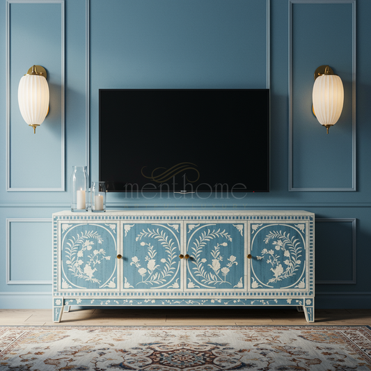 Elegant Blue Floral Inlay TV Cabinet | Luxury Handmade TV Cabinet