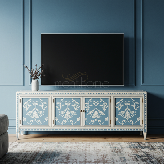 Elegant Blue and White Inlay TV Cabinet | Luxury Handmade TV Cabinet