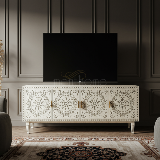 Elegant Inlay TV Cabinet with Detailed Floral Motif | Luxury Handmade TV Cabinet