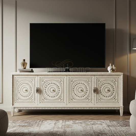 Inlay Carved Wood TV Cabinet | Luxury Handmade TV Cabinet