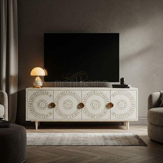 Elegant Inlay TV Cabinet with Circular Motif Design | Luxury Handmade TV Cabinet