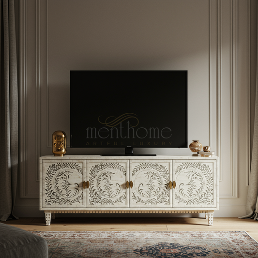 Inlay Floral Pattern TV Cabinet | Luxury Handmade TV Cabinet