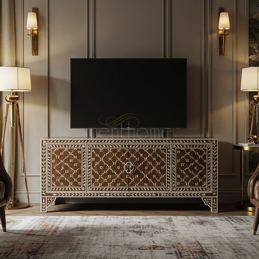 Elegant Inlay Wood TV Cabinet with Intricate White Pattern | Luxury Handmade TV Cabinet