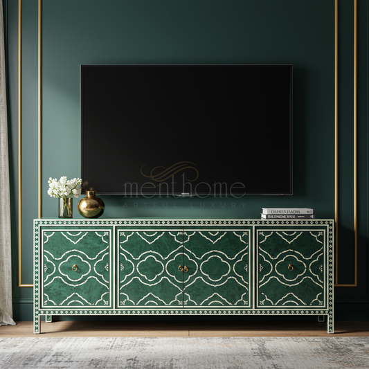 Inlay Artful Luxury TV Cabinet in Emerald Green | Luxury Handmade TV Cabinet