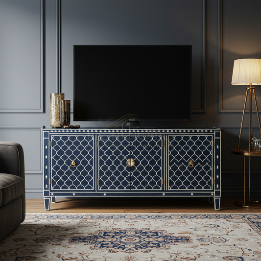 Elegant Inlay Blue and White TV Cabinet | Luxury Handmade TV Cabinet