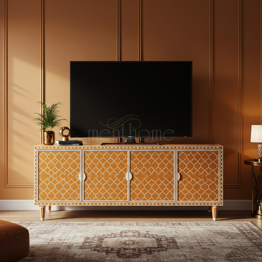 Handcrafted Inlay Pattern TV Cabinet | Luxury Handmade TV Cabinet