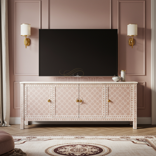 Elegant Inlay TV Cabinet with Geometric Pattern | Luxury Handmade TV Cabinet