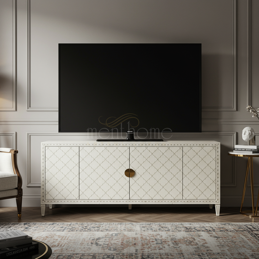 Elegant Inlay Pattern TV Cabinet with Brass Detail | Luxury Handmade TV Cabinet