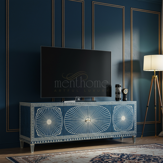 Inlay Luxury TV Cabinet with Artistic Sunburst Pattern | Luxury Handmade TV Cabinet