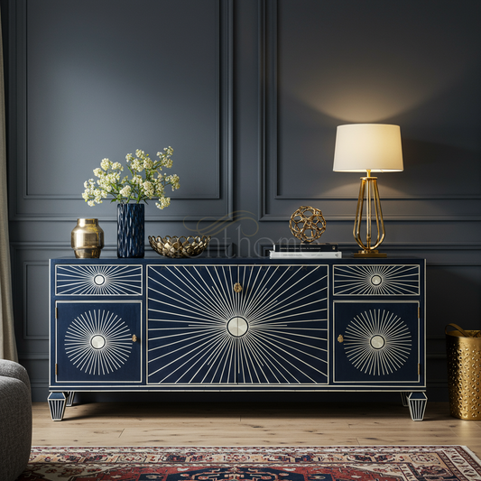Luxury Inlay TV Cabinet in Navy Blue with Gold Sunburst Design | Luxury Handmade TV Cabinet