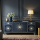 Luxury Inlay TV Cabinet in Navy Blue with Gold Sunburst Design | Luxury Handmade TV Cabinet