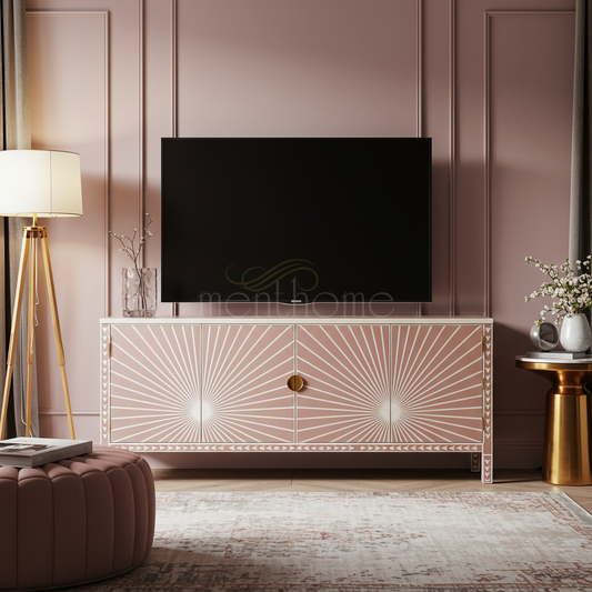 Luxurious Inlay TV Cabinet with Radiant Sunburst Design | Luxury Handmade TV Cabinet