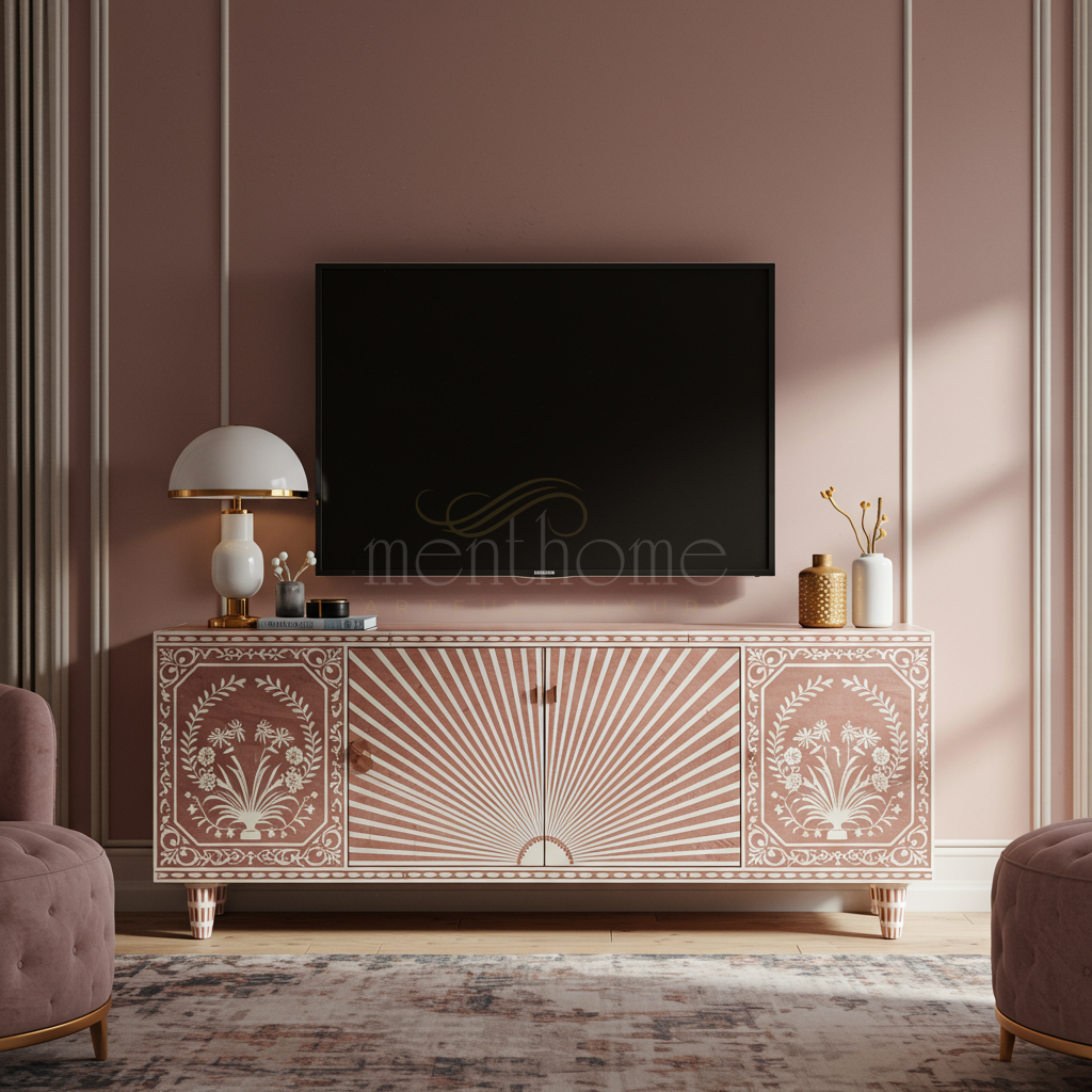 Elegant Inlay TV Cabinet with Floral and Sunburst Design | Luxury Handmade TV Cabinet