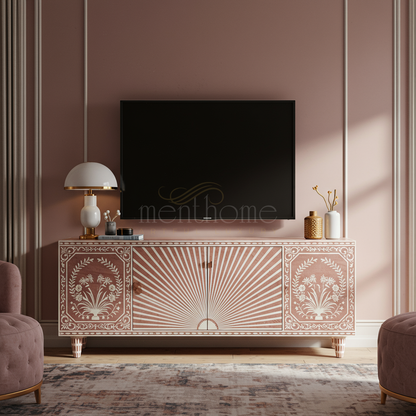 Elegant Inlay TV Cabinet with Floral and Sunburst Design | Luxury Handmade TV Cabinet