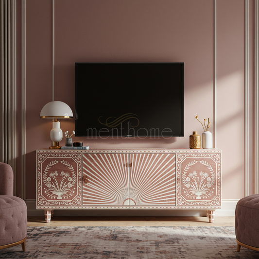 Elegant Inlay TV Cabinet with Floral and Sunburst Design | Luxury Handmade TV Cabinet